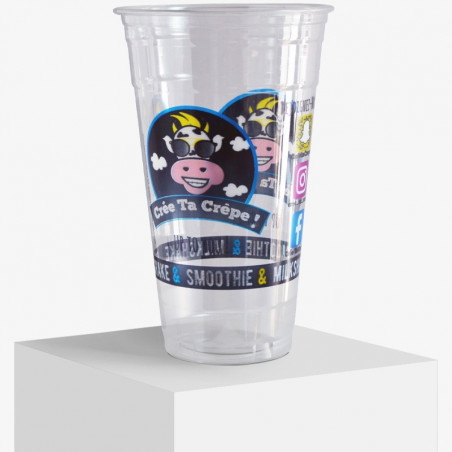 Custom plastic cup printed with logo of 'Crée Ta Crêpe'