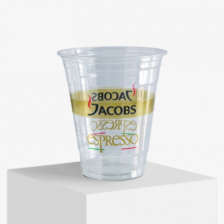 Bedruckter Plastikbecher mit Logo 'Jacobs Espresso'