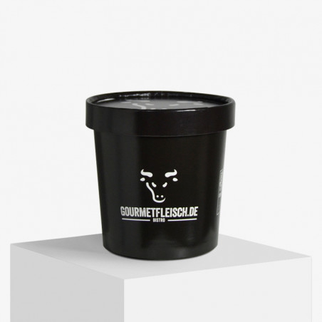 Personalised takeaway food cup with lid with 'Gourmetfleisch' logo and design