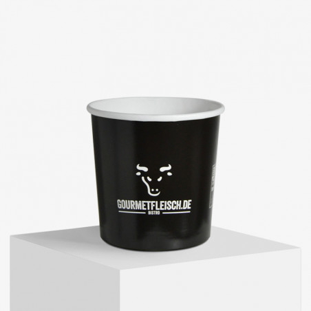 Printed soup cup with 'Gourmetfleisch' logo and design