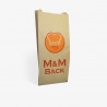 Brun brödpåse i storlek S med tryckt logotyp "M&M Back"