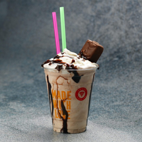 Custom plastic cup printed with logo of 'Crust Pizza Lab' used for milkshake