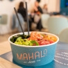 Blue salad bowl printed with "Mahalo" logo and design