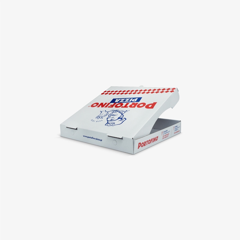White square pizza box with blue and red print