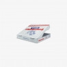 Caja de pizza cuadrada blanca con impresión azul y roja