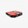 Personalized pizza box featuring a custom design in black, red, and white
