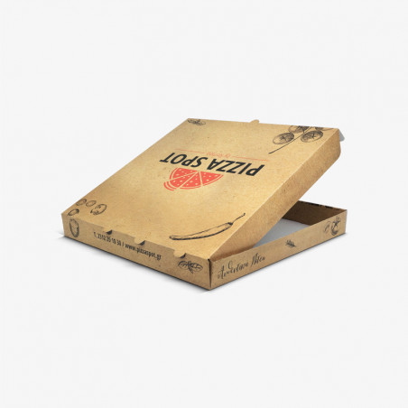 Brown square pizza box with logo and custom design