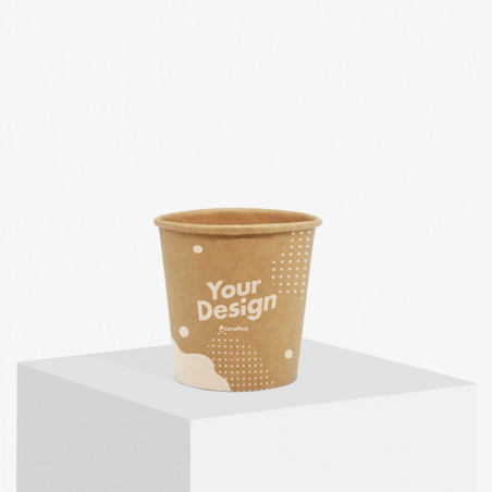 100 ml single wall paper cup in brown kraft paper with matte surface and 'Your Design' in white color