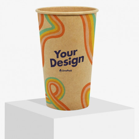 450 ml single wall paper cup in brown kraft paper with matte surface and 'Your Design' in multiple colors