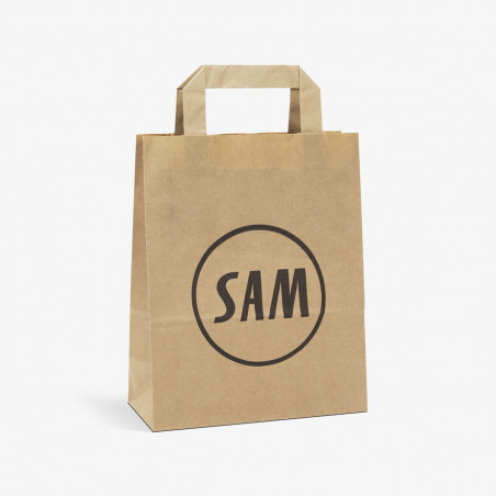 4L custom takeaway bag with handles in kraft brown printed with logo and design of SAM