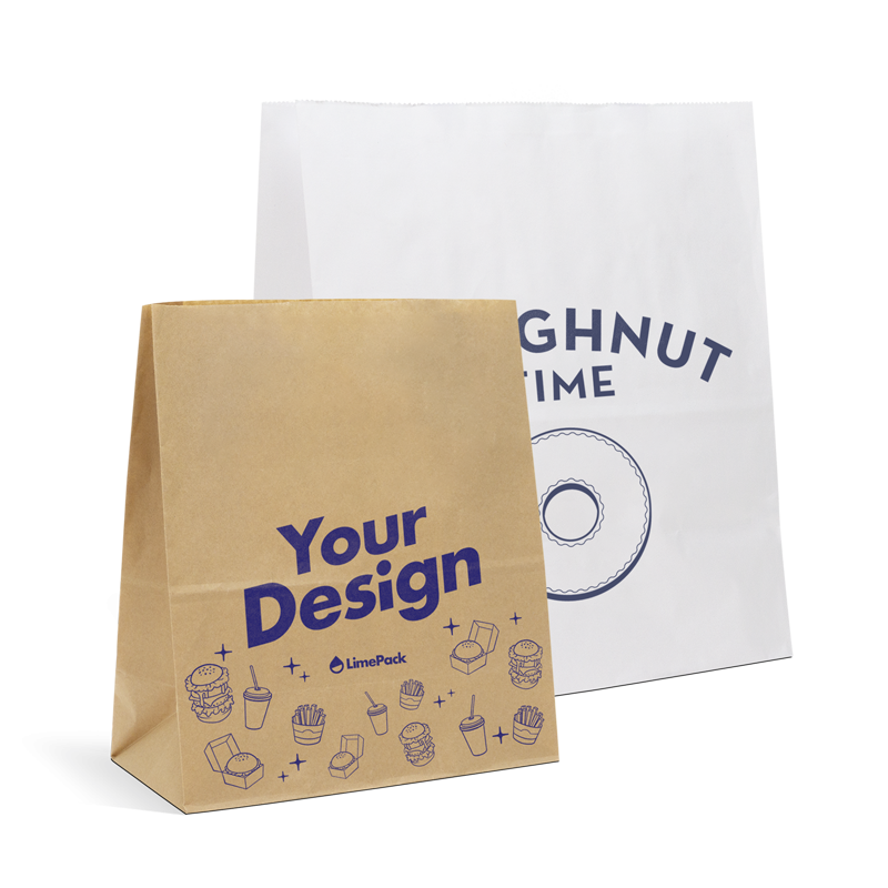 Block bottom paper bags in white and kraft brown with custom print