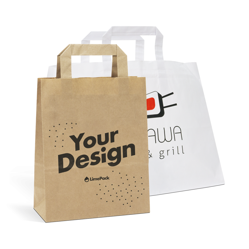 Custom takeaway bags in white and kraft brown with 2-color print