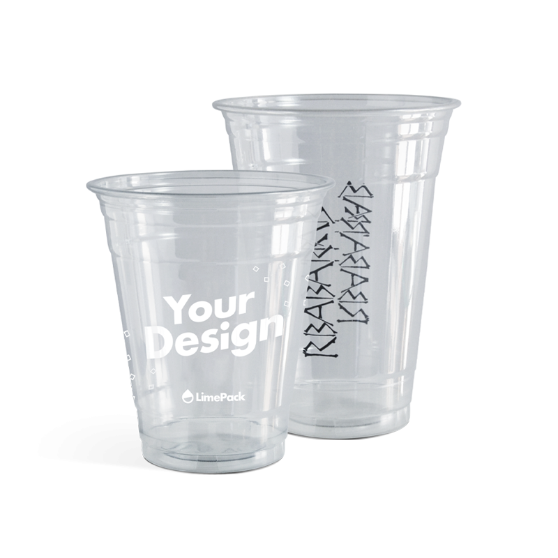Large selection of custom plastic cups with 1-color print