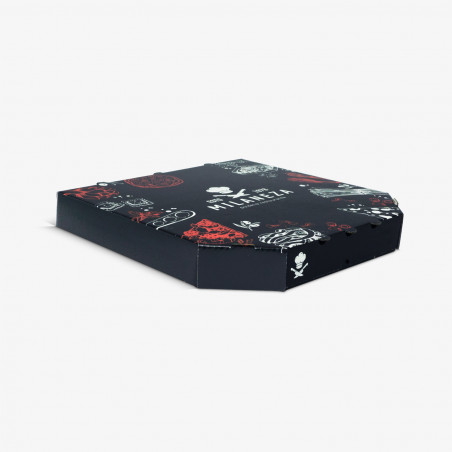 Personalized black pizza box with sloped corners