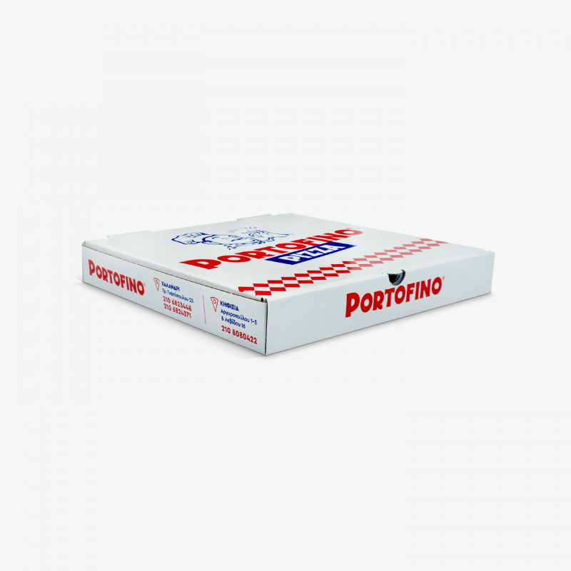 White square pizza box with blue and red logo printed on it