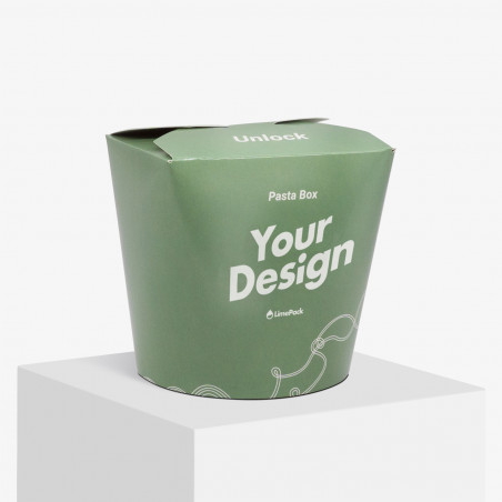 Custom noodle box in green printed with 'Your Design'