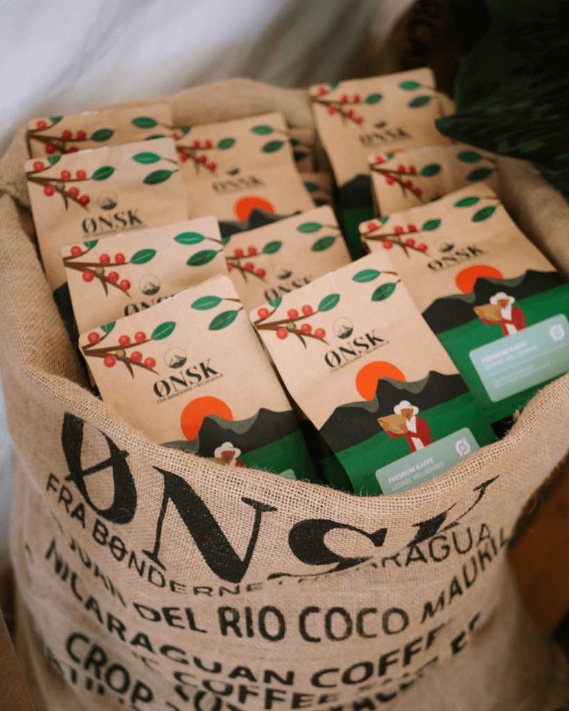Bag of coffee beans labeled with "ONSK" and a location in Nicaragua.