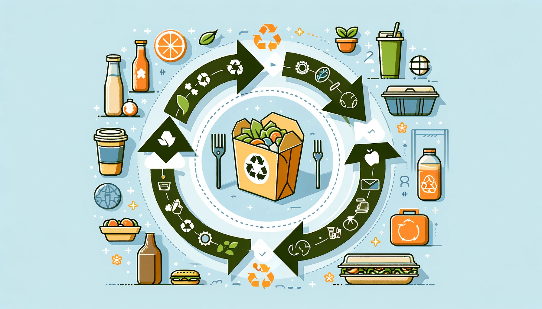 circular economy approach to takeaway packaging The image should depict a closed loop system where materials are reused and recycled