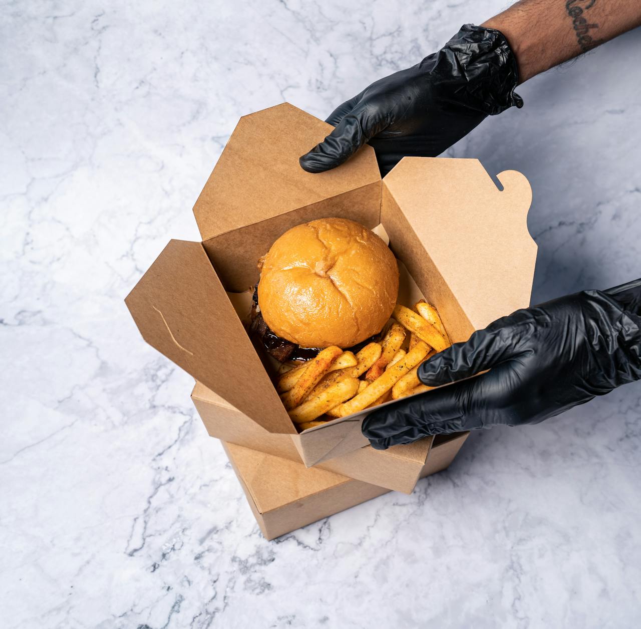 Burger and Fries in a Takeout Box