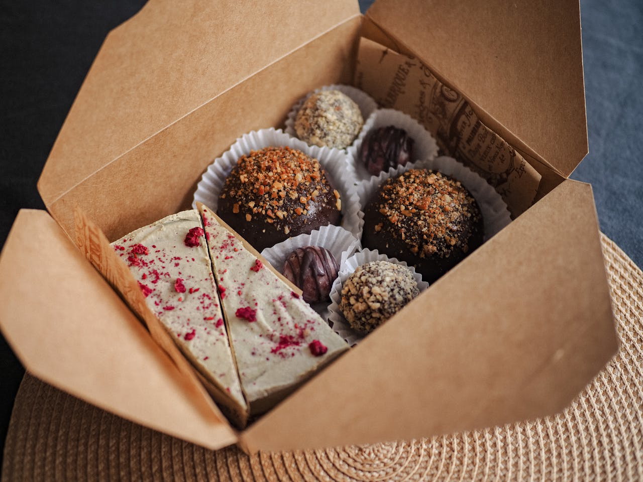 Chocolate Truffles and Cake Slices Packed in Cardboard Food Box