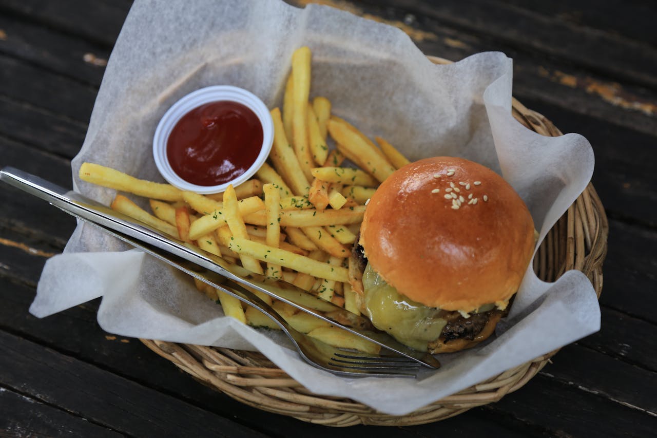 Burger and French Fries in Basket