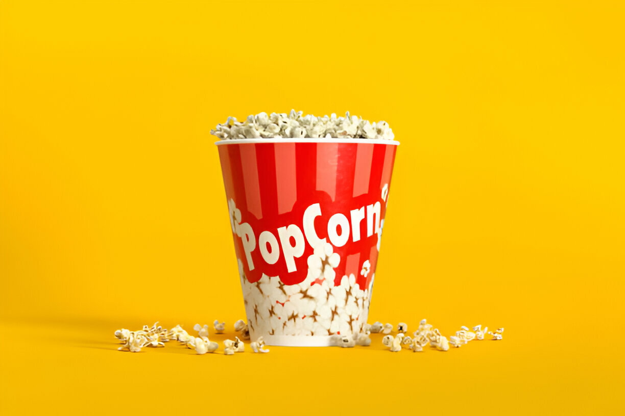 big bucket of popcorn in paper cups