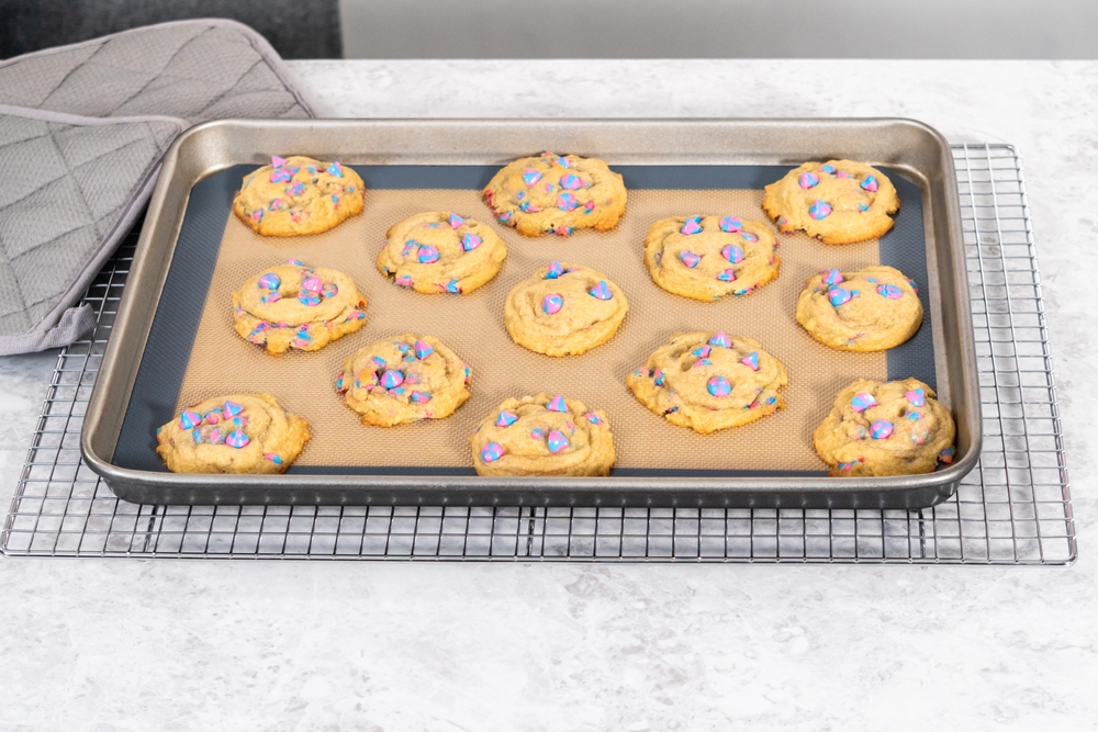 freshly baked unicorn chocolate chip cookies using silicone baking mat