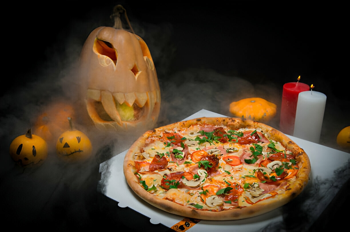 meat pizza in halloween decoration and scary face painted pumpkins