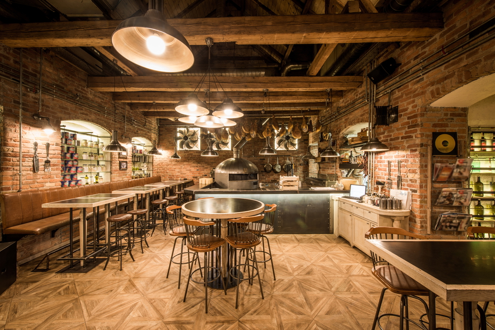 rustic wooden interior in pizzeria restaurant