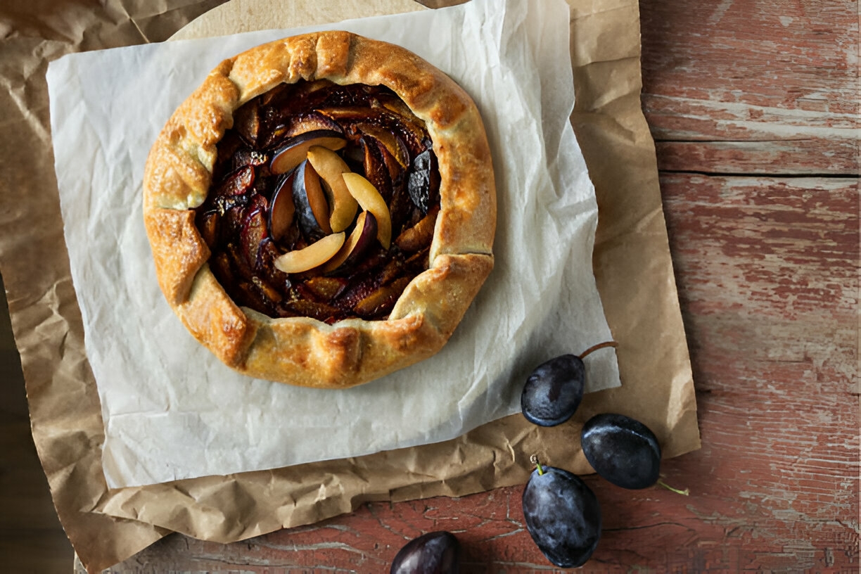 plum open pie over baking and greaseproof paper